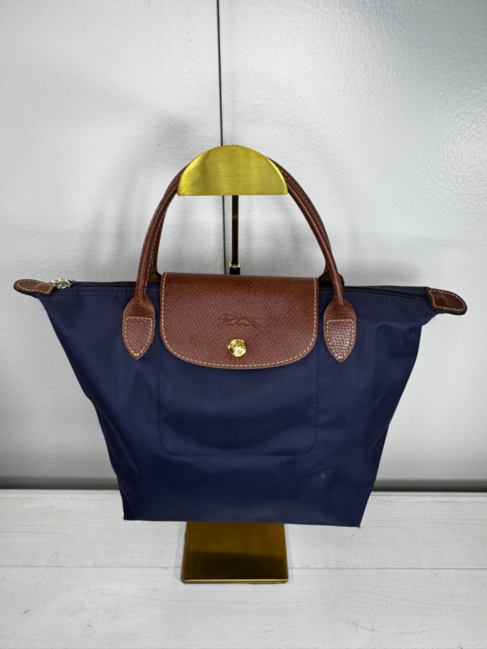 Longchamp Le Pliage Small Navy Nylon Tote Brown Leather Handles Authentic